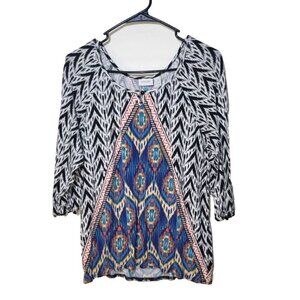 Chicos Womens sz 2 multicolored 3/4 sleeve blouse button stretch geometric